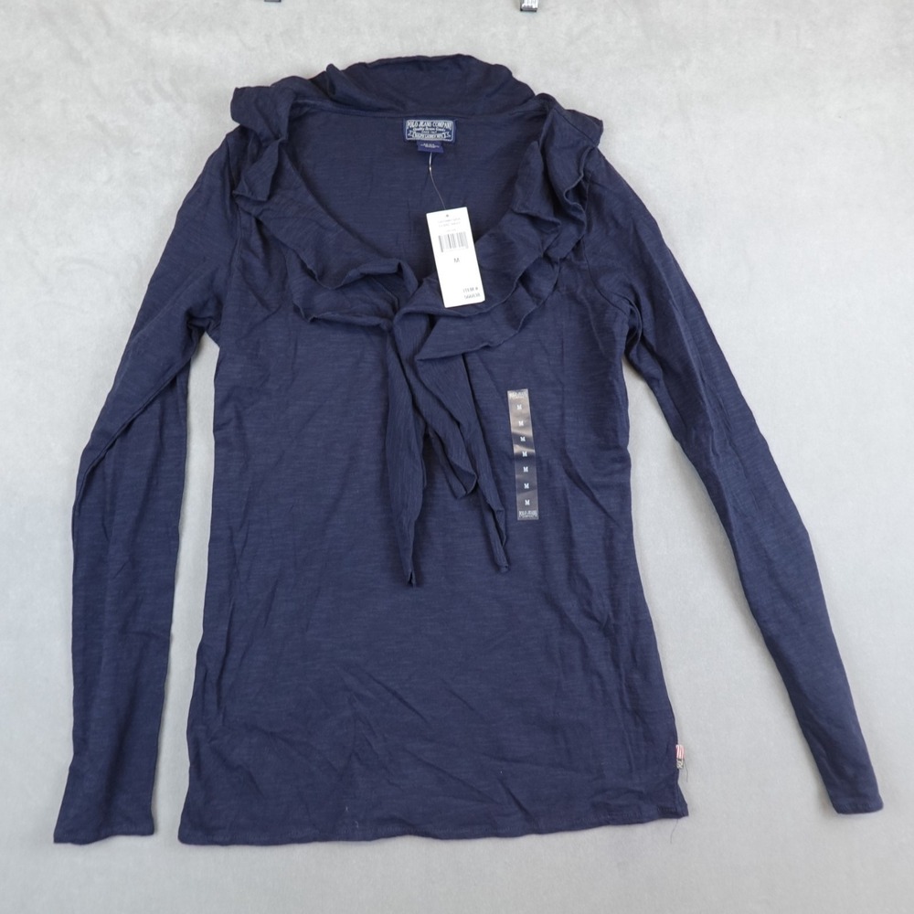 NWT Polo Jean Company Ralph Lauren Top Size Medium Ruffle Neck Classic Navy